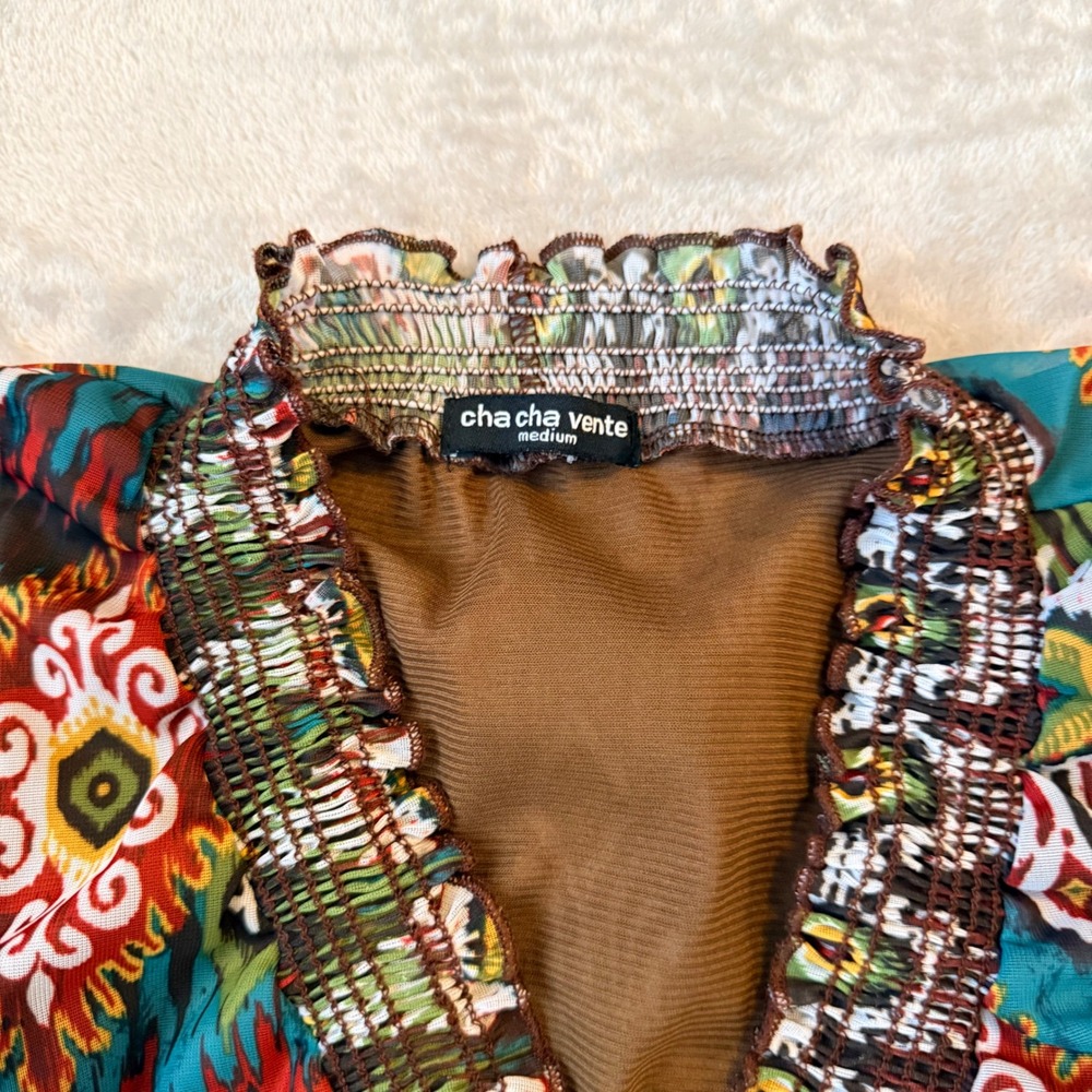 Cha Cha Vente Womens Multicolor Ikat Print Smocked Empire Waist Tunic Top Medium - Picture 2 of 5